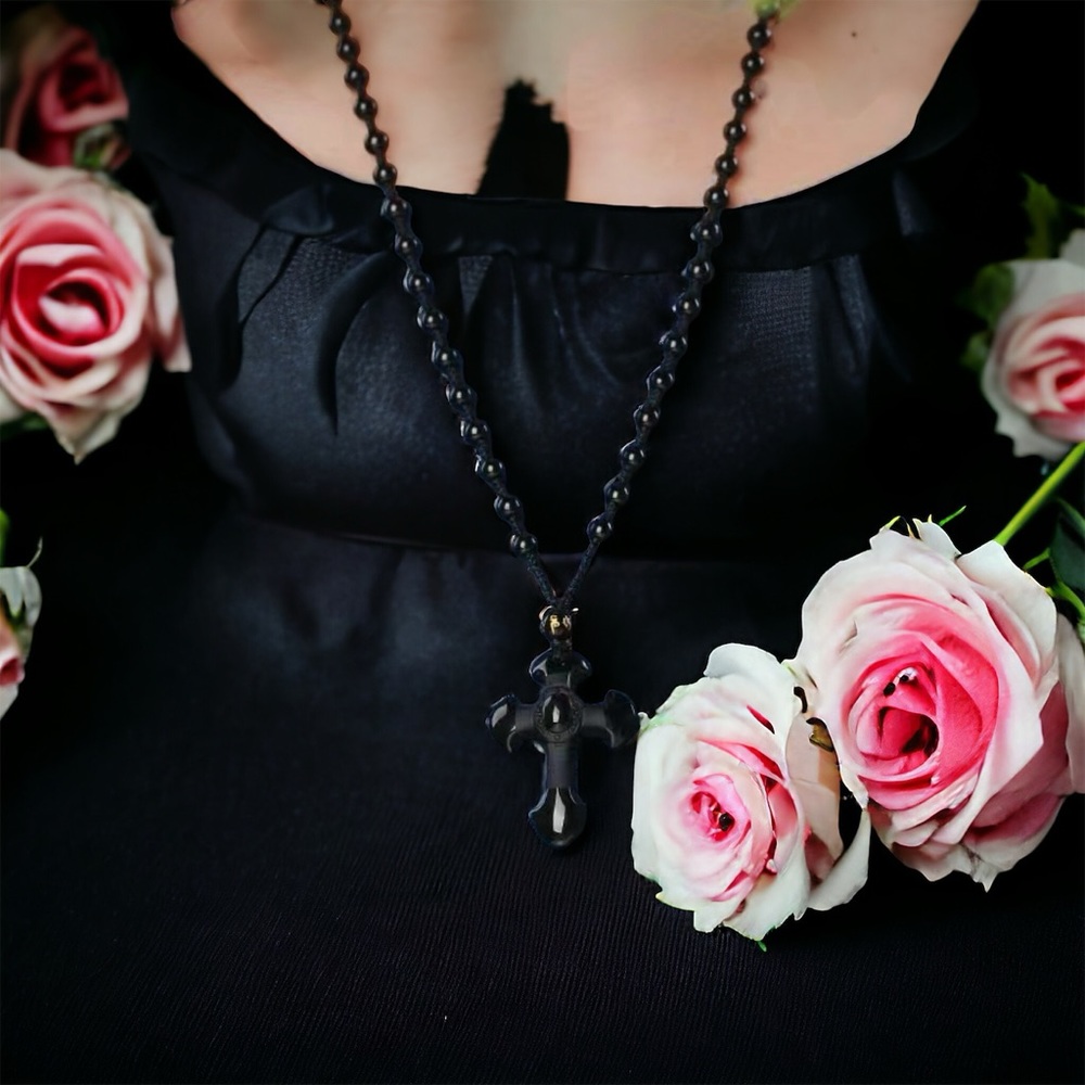 1pc Black Religious Christian Cross Fashion Obsidian Style Pendant Necklace - Picture 5 of 15